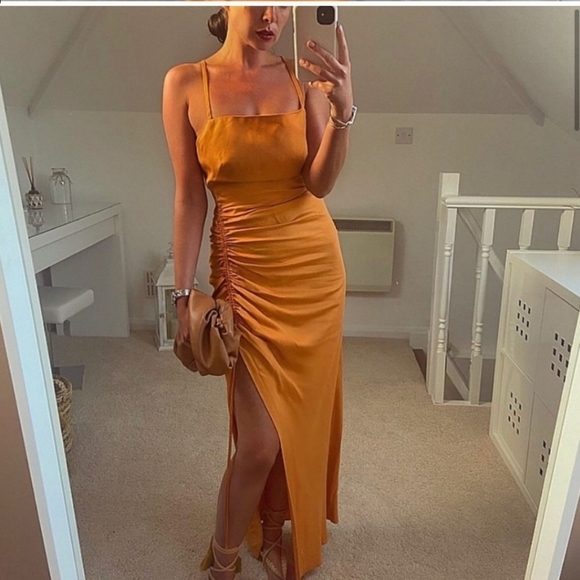 ZARA LONG SLIT DRESS  ORANGE RUCHED SIZE XS - Picture 10 of 14